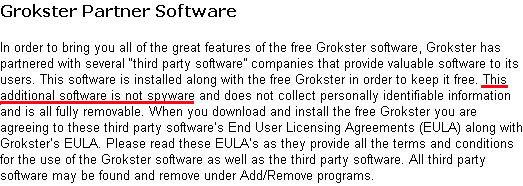 Grokster̃oh\tg̉BuThis additional software is not spywarevƂ邪AV}ebN̒`KpƁAׂăXpCEFAƔ肳