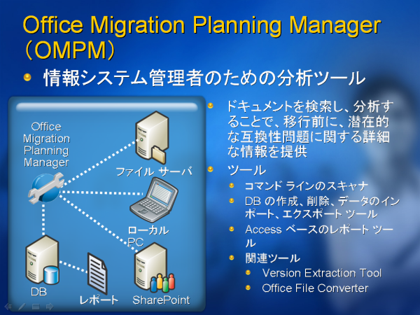 ǗҌOffice̓c[łOffice Migration Planning ManageriOMPMjBXLc[ADBc[A|[gc[gݍ킹ĎgpBiTechEd2006AT2-303uthe 2007 Microsoft Office systemNCAgAvP[V̓WJƐVt@C`vpj