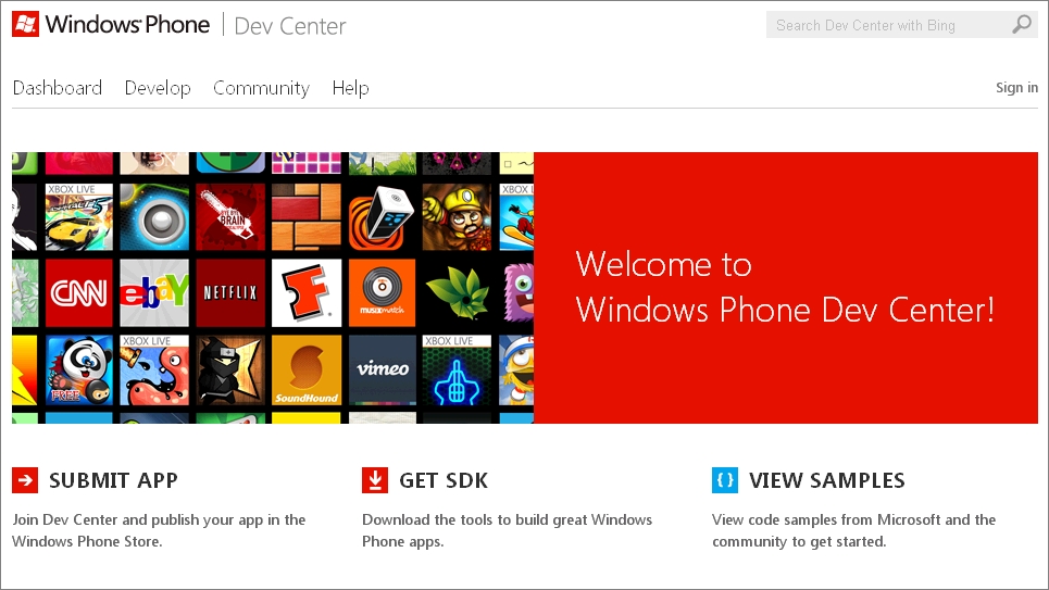  Windows Phone Dev Center̃gbvy[W