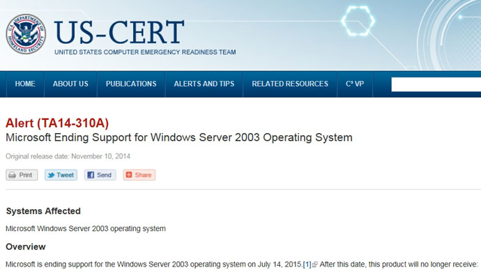 Windows Server 2003ɊւUS-CERT̒ӊN