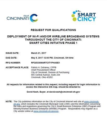 VVieB̃u[hohVXěς˗BW2017N526ƂȂĂioTFCity of CincinnatiuDeployment of Wi-Fi and/or Wireline Broadband Systems Throughout the City of Cincinnati: Smart City Initiative Phase 1.vj
