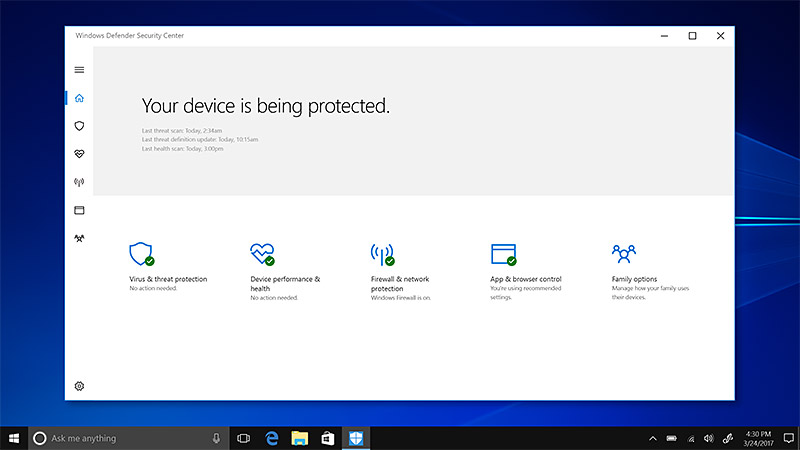 Windows 10 SDefender Security Center̉ʁBCreators UpdateDefender Security CenterƕςȂ