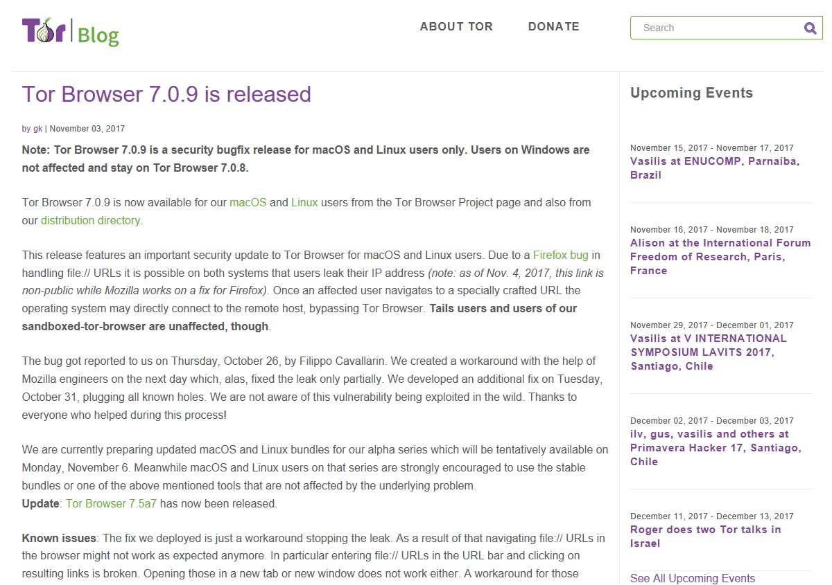 Tor Browser Project113AmacOSLinuxɍXVł́uTor Browser 7.0.9vJ