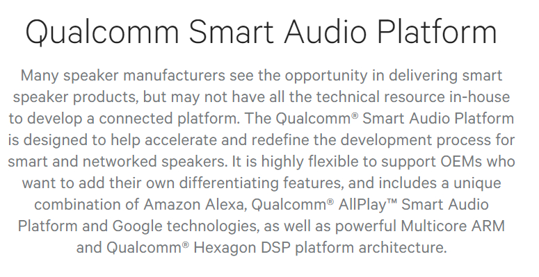  uQualcomm Smart Audio PlatformvAlexaGoogle AssistantT|[g