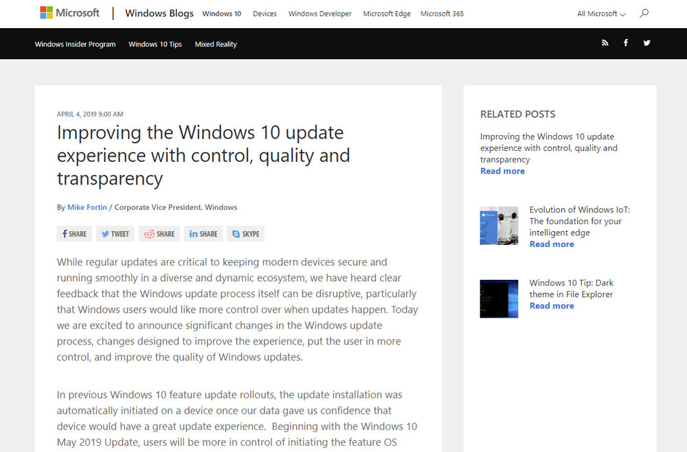 Microsoft Windows BloǵwImproving the Windows 10 update experience with control, quality and transparencyx