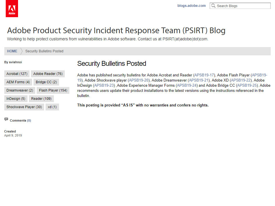 Adobe Product Security Incident Response Team (PSIRT) Blog̃ZLeBAbvf[gɊւ铊e