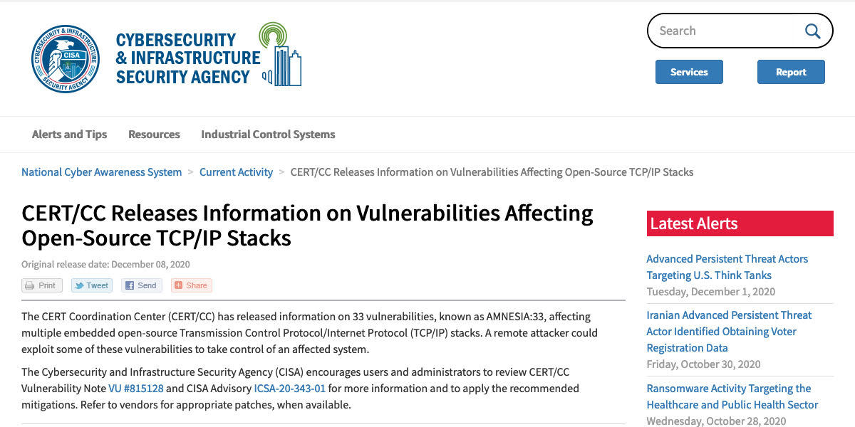 CERT/CC Releases Information on Vulnerabilities Affecting Open-Source TCP/IP StacksbCISA