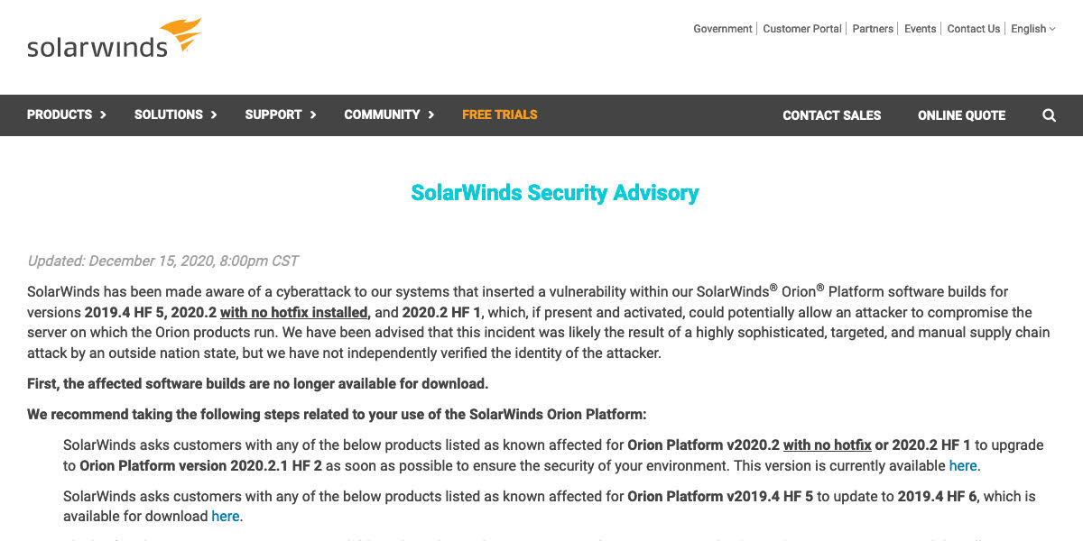 Security AdvisorybSolarWinds