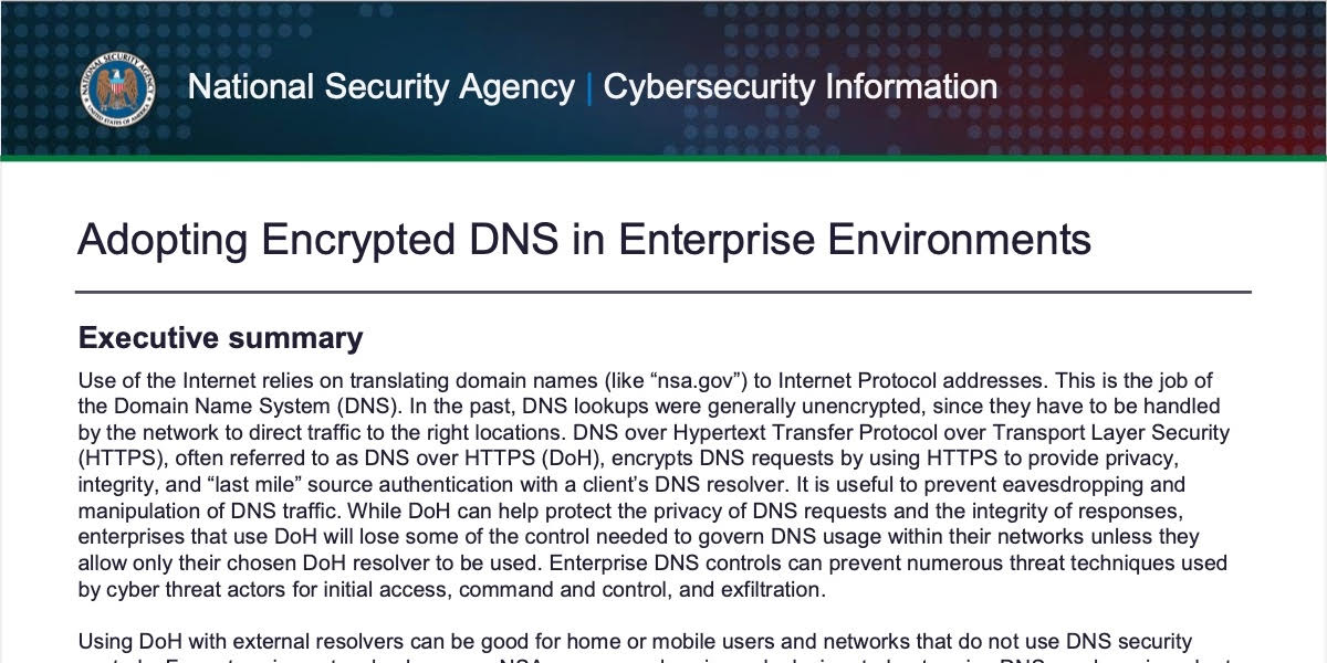 「企業でのDNS over HTTPSはセキュリティ強化に有効」NSAが適切な利用を呼びかけ