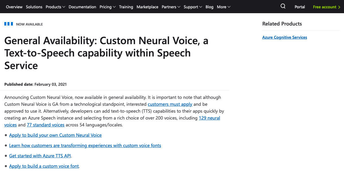  a Text-to-Speech capability within Speech Service | Azure updates | Microsoft Azure,General Availability: Custom Neural Voice, a Text-to-Speech capability within Speech Service | Azure updates | Microsoft Azure