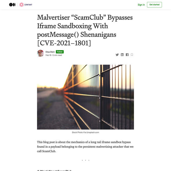 Malvertiser “ScamClub” Bypasses Iframe Sandboxing With postMessage()Shenanigans [CVE-2021-1801] | by Eliya Stein | Feb