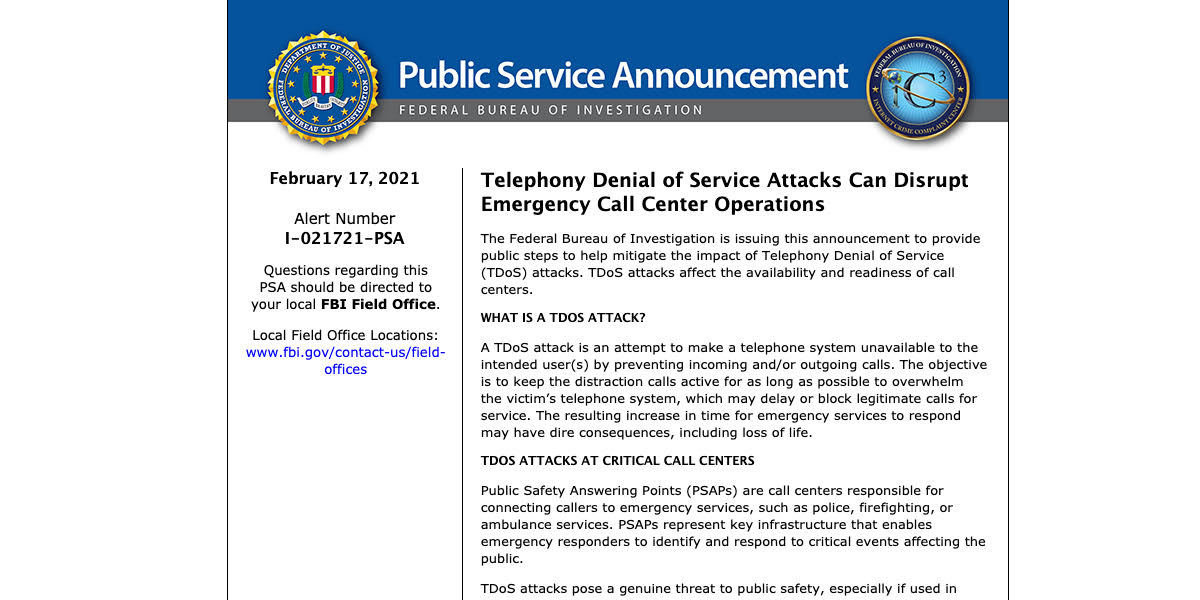 Internet Crime Complaint CenteriIC3j | Telephony Denial of Service Attacks Can Disrupt Emergency Call Center Operations