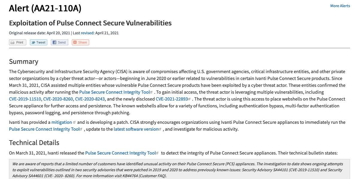 Exploitation of Pulse Connect Secure Vulnerabilities | CISA