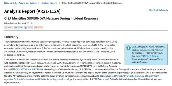 CISA Identifies SUPERNOVA Malware During Incident ResponsebCISA