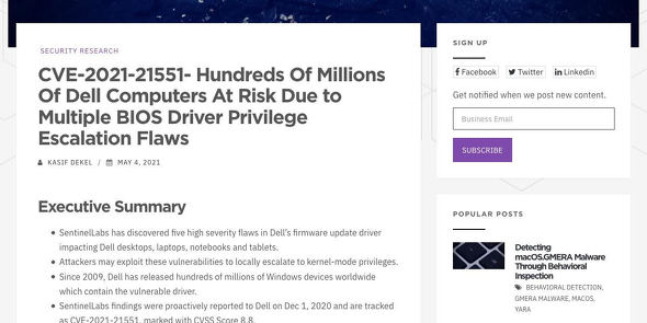 CVE-2021-21551- Hundreds Of Millions Of Dell Computers At Risk Due to Multiple BIOS Driver Privilege Escalation Flaws - SentinelLabs
