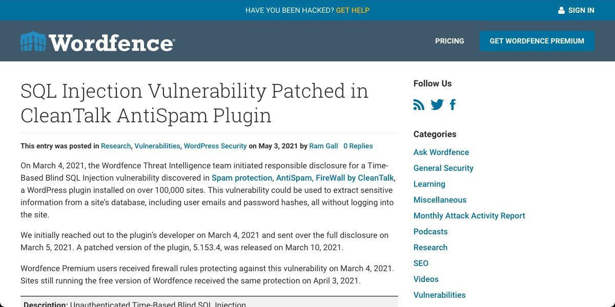SQL Injection Vulnerability Patched in CleanTalk AntiSpam Plugin