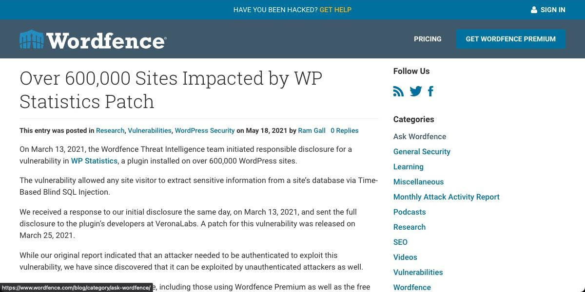 000 Sites Impacted by WP Statistics Patch,Over 600,000 Sites Impacted by WP Statistics PatchiDefiantWeby[Wj