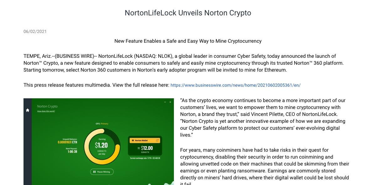 セキュリティソフトに暗号通貨マイニング機能を追加、NortonLifeLockの新機能の謎
