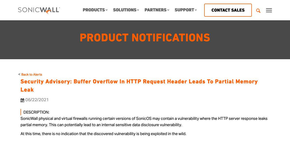 Security Advisory: Buffer Overflow in HTTP Request Header Leads to Partial Memory Leak | SonicWall
