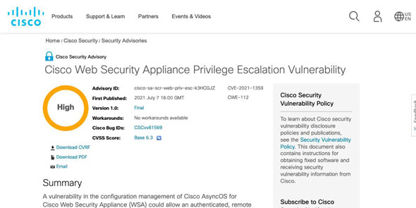 Cisco Web Security Appliance Privilege Escalation Vulnerability