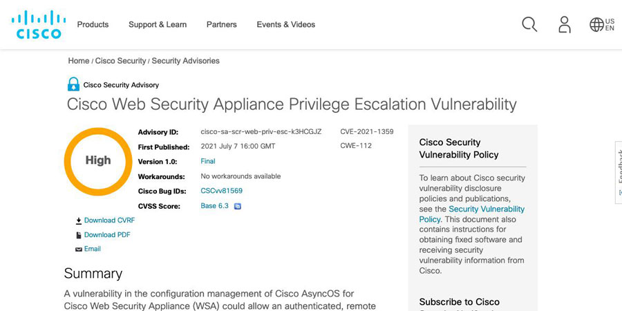 Cisco Web Security Appliance Privilege Escalation VulnerabilityioTFCiscõuOLj