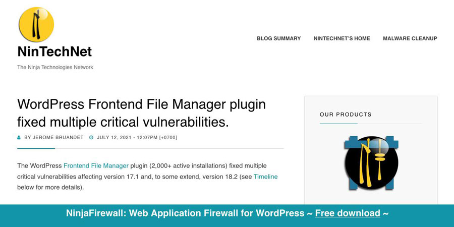 WordPress Frontend File Manager plugin fixed multiple critical vulnerabilities. - NinTechNetioTFNinTechNet̃uO甲j