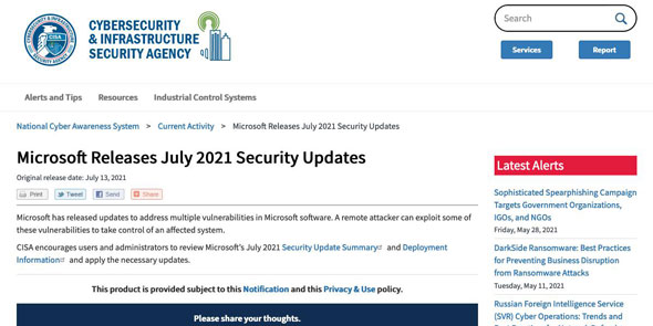 Microsoft Releases July 2021 Security Updates | CISA