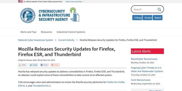 Mozilla Releases Security Updates&#8239;for Firefox Firefox ESR and Thunderbird | CISA