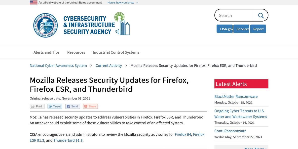 Mozilla Releases Security Updates for Firefox Firefox ESR and ThunderbirdiCISAj