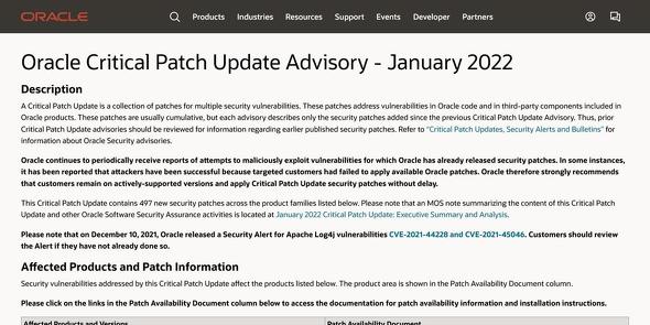 Oracle Critical Patch Update Advisory - January 2022