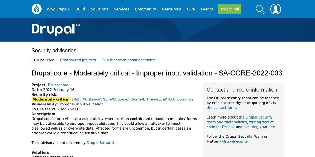 Drupal core - Moderately critical - Improper input validation - SA-CORE-2022-003ioTFDrupal̃ZLeBAhoCUj