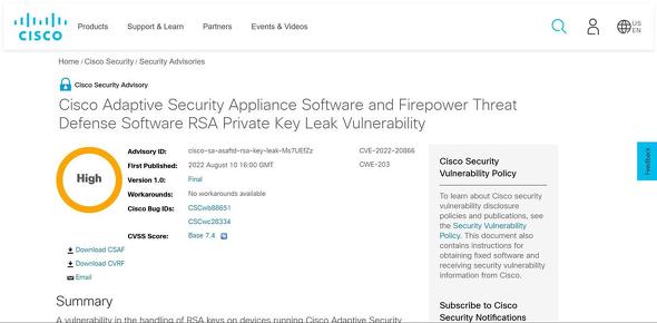 Cisco Adaptive Security Appliance SoftwareFirepower Threat Defense Software RSAvCx[gL[̐Ǝ㐫ɂ