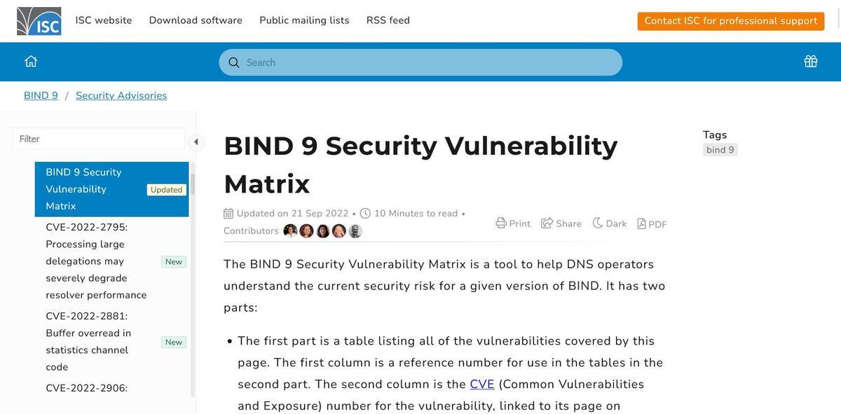 ISCuBIND 9 Security Vulnerability MatrixṽgbvioTFISCWeby[Wj