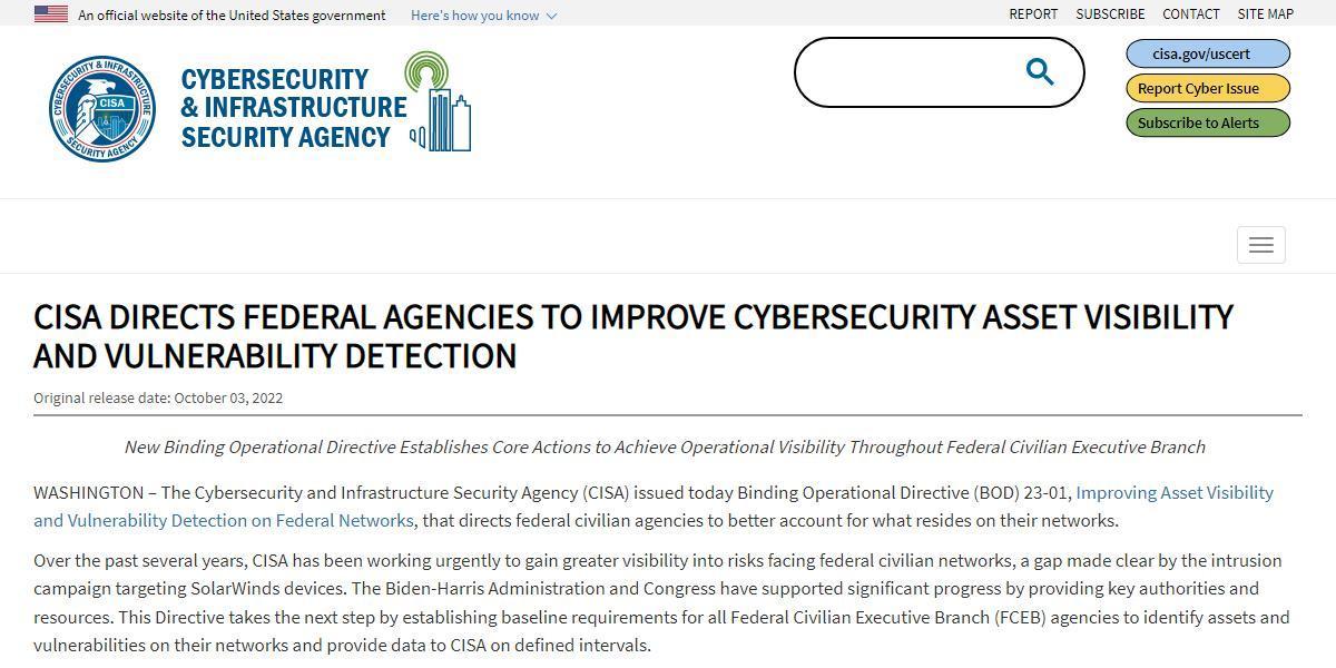 CISAuCISA Directs Federal Agencies to Improve Cybersecurity Asset Visibility and Vulnerability Detectionṽy[WgbvioTFCISAWebTCgj
