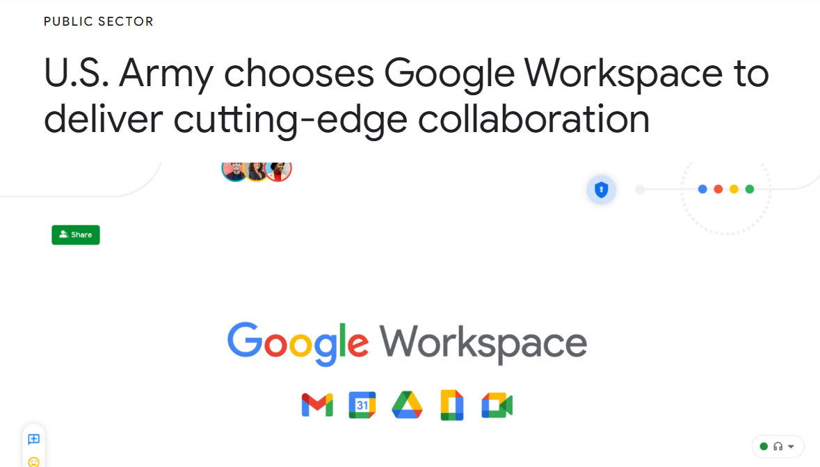 Google Cloud BloguU.S. Army chooses Google Workspace to deliver cutting-edge collaborationṽgbvioTFGoogle CloudWeby[Wj