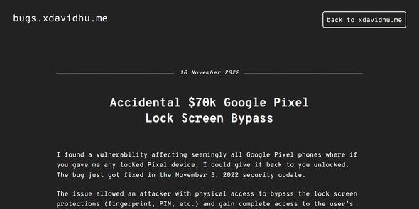 Accidental $70k Google Pixel Lock Screen Bypass - bugs.xdavidhu.me