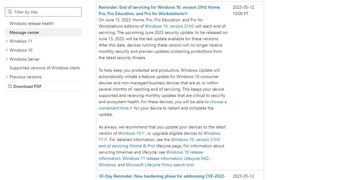 Microsoft2023N613āAWindows 10̕o[W̃T[rXIƒʒmioTFMicrosoftWebTCgj