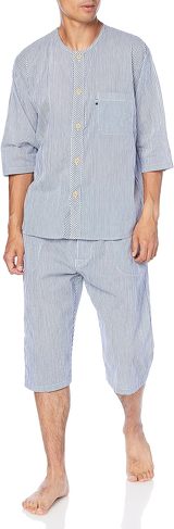 夏用パジャマ:グンゼ「寝るテコ クレープ 7分袖7分丈パンツ(パンツ前あき) メンズ」