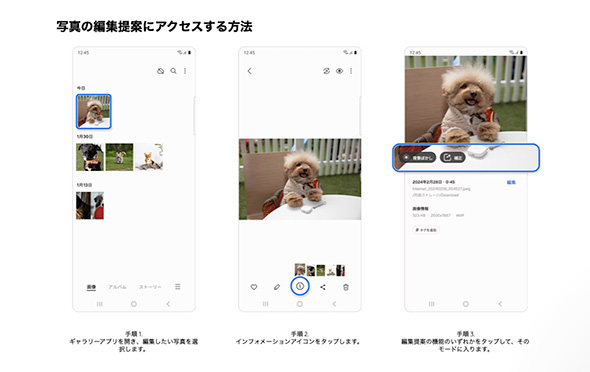 ����Web�T�C�g�ɋL�ڂ��ꂽ�u�ʐ^�̕ҏW��ĂɃA�N�Z�X������@�v�i�o�T�F<A HREF="https://www.samsung.com/jp/support/mobile-devices/edit-suggestion-for-photos-on-the-galaxy-s24/" target="_blank" rel="noopener">�T���X��</A>�j