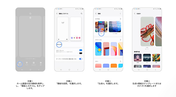 ����Web�T�C�g�ɋL�ڂ��ꂽ�u����AI�ǎ��v�̗��p�菇�̈ꕔ�i�o�T�F<A HREF="https://www.samsung.com/jp/support/mobile-devices/how-to-set-generative-wallpaper-on-galaxy-devices/" target="_blank" rel="noopener">�T���X��</A>�j