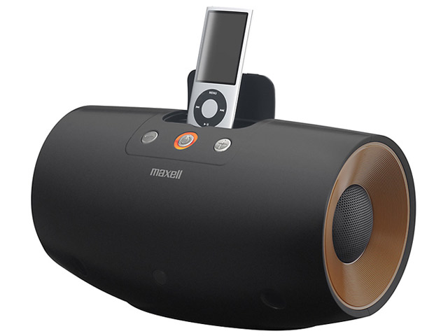 中低音域を豊かにするドラム型iPodスピーカー、日立マクセル「MXSP