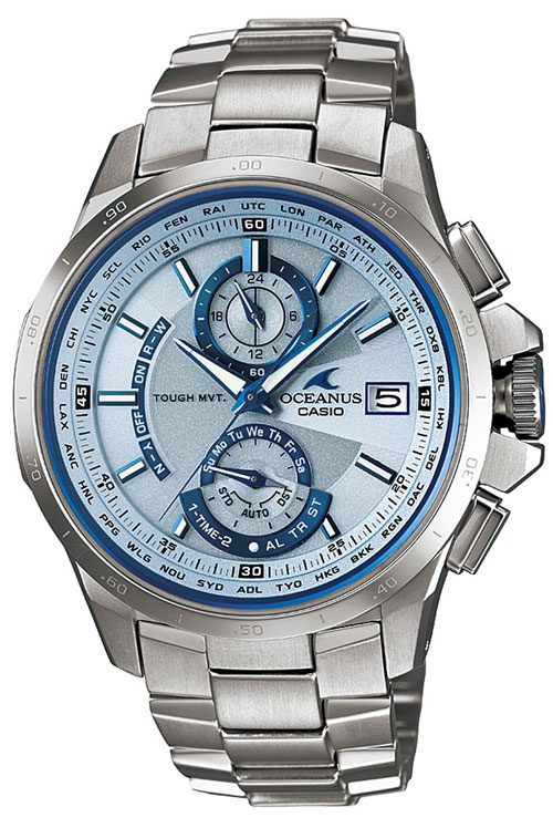 アクアマリンブルーのソーラー電波腕時計「オシアナス OCW-T1000E 