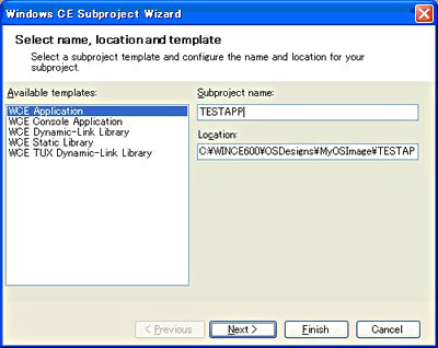 mWindows CE Subproject WizardńuSelect nameA location and templatev