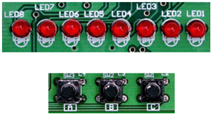 8つの赤色LED（上）と3つのプッシュスイッチ（下）