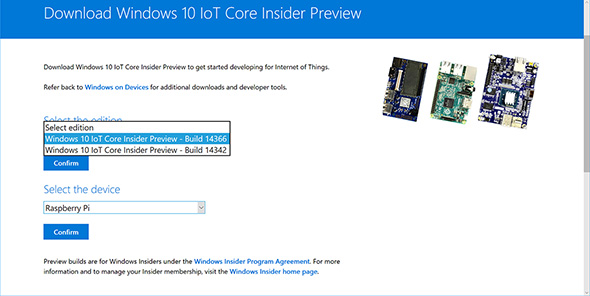 執筆時点のWindows 10 IoT Core Insider Previewはビルド14342とビルド14328が選択できる