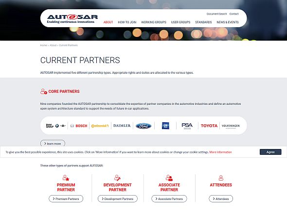 AUTOSAR公式Webサイトに掲載されている9社のコアパートナー