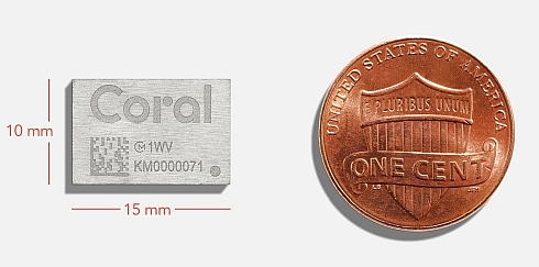 「Coral Accelerator Module」は1セント硬貨よりも小さい