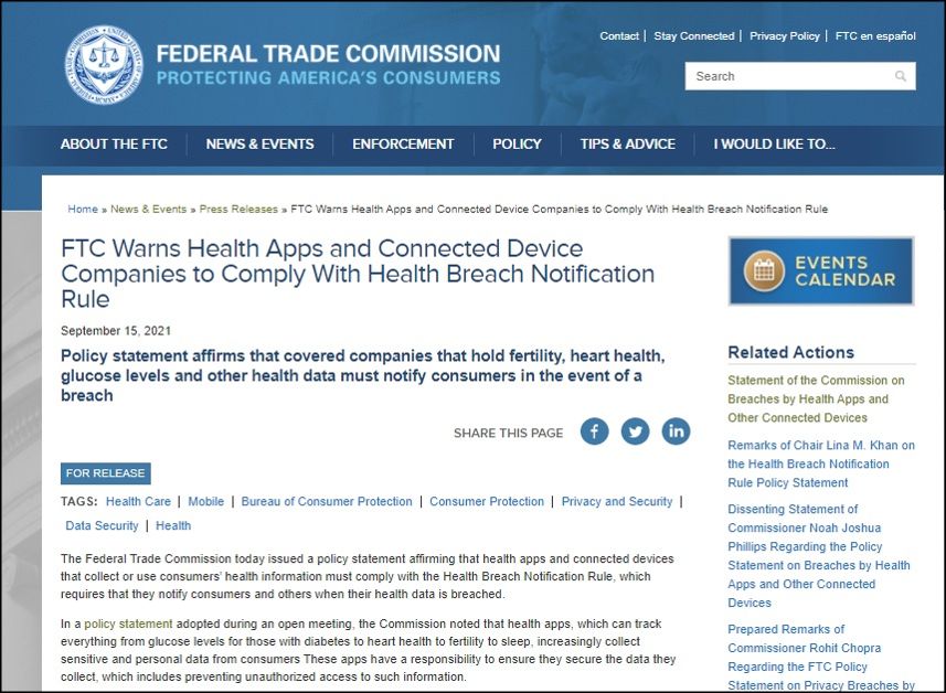 }1@čAMψiFTCj̏ҌNAvP[VѐڑꂽfoCXɊւ鐭i2021N915jmNbNŊgn oTFFederal Trade Commission (FTC)uFTC Warns Health Apps and Connected Device Companies to Comply With Health Breach Notification Rulevi2021N915j
