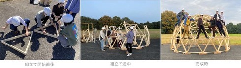 プロトタイプの木質ドームを組み立てる様子
