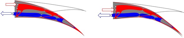 リブ構造をトポロジー最適化によるコンプライアント機構に置き換えた例。赤色の構造の荷重負荷位置を変えることで異なる2つの形状に変形するよう、多目的最適設計を使って形状を求めた